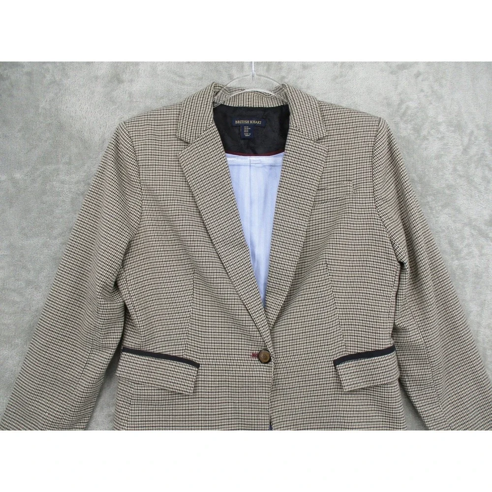 British Khaki Blazer Womens Medium Houndstooth Elbow Patch Academia Preppy Lined - Picture 3 of 10